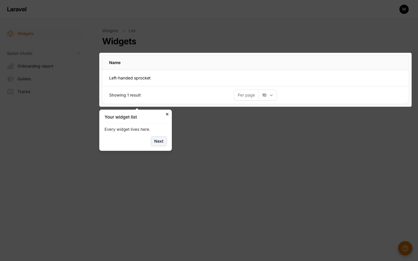 A Splain walkthrough playing inside a real Filament admin panel: the page is dimmed, a table of widgets is spotlit, and a popover titled 'Your widget list' explains it.