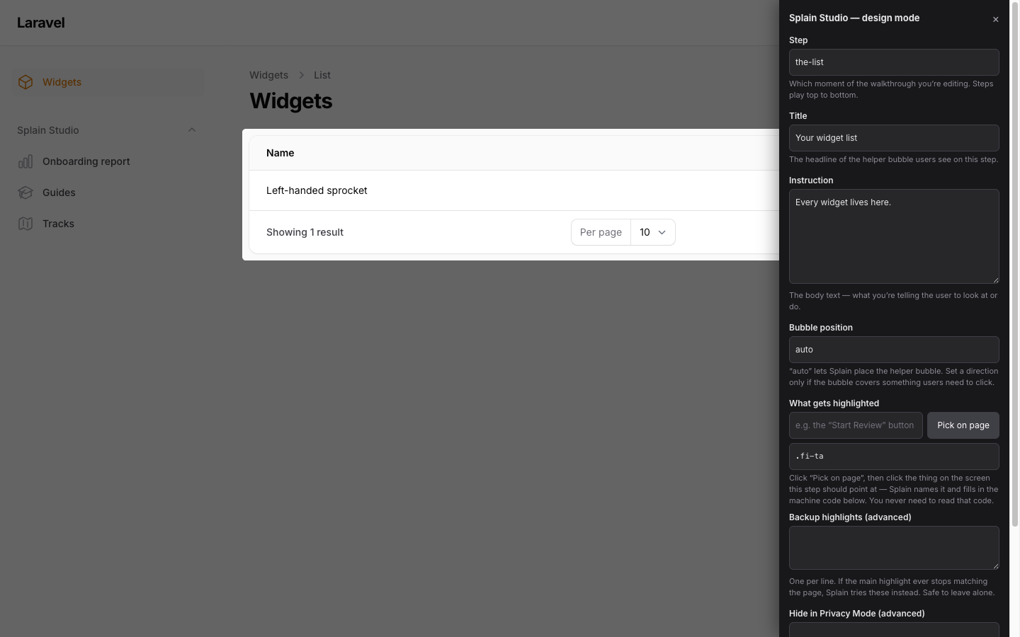 Splain Studio design mode: a dark editing panel over a live admin page, with fields for the step's title, instruction, bubble position, and a Pick-on-page button for choosing what gets highlighted.