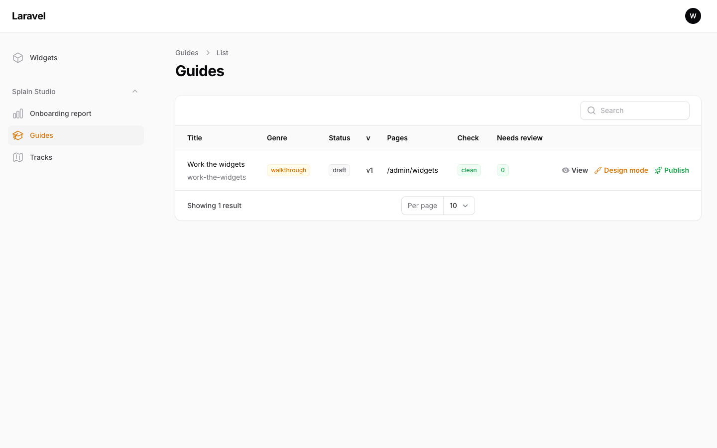 The Studio hub: a guides table showing genre, status, version, pages, a green 'clean' check badge, a needs-review count, and View / Design mode / Publish actions.