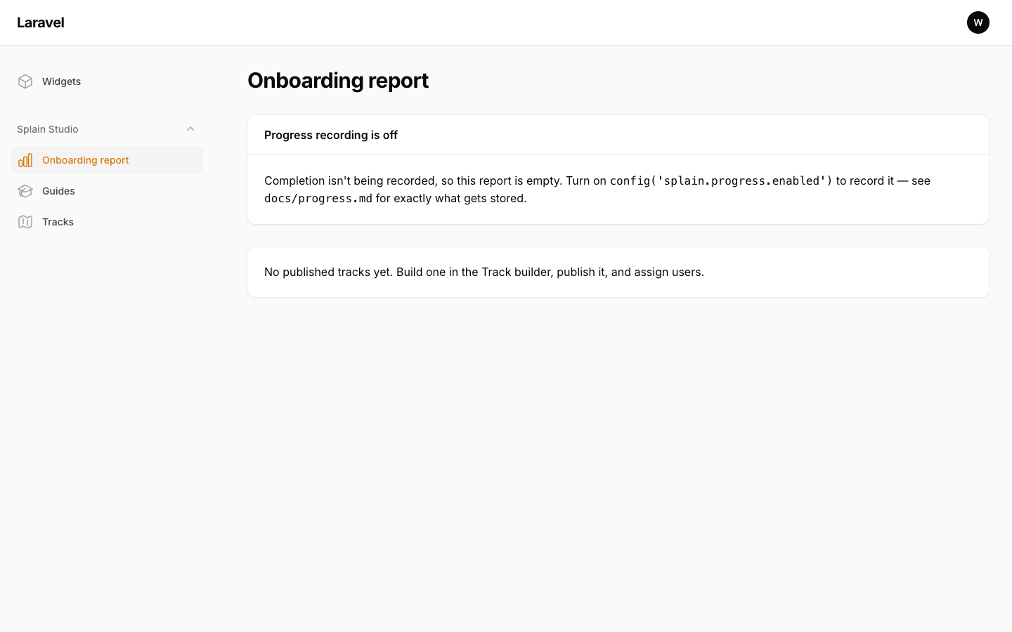 The onboarding report page showing its default empty state: 'Progress recording is off' with instructions for opting in, and a note pointing at the docs for exactly what gets stored.